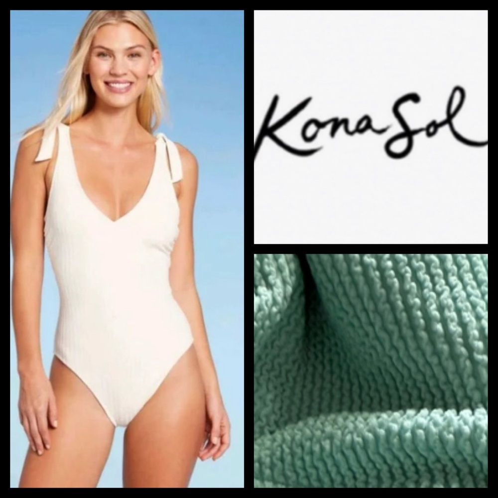NWOT Kona Sol Green Textured Shoulder Tie One-Piece Swimsuit